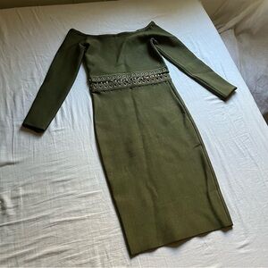 House of CB olive army green knit chain link detail off shoulder midi dress